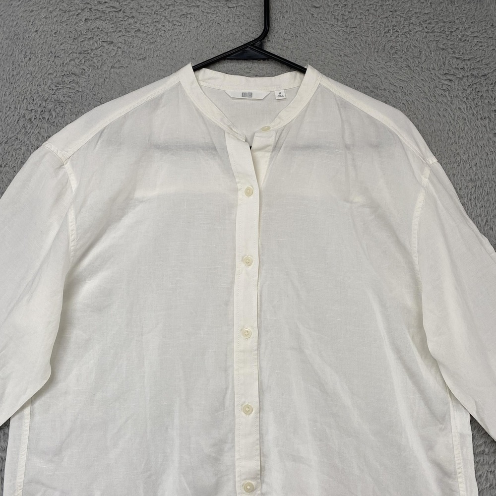 Uniqlo Linen Top Womens Medium Button Up Minimalist Capsule Collarless White - Picture 3 of 12